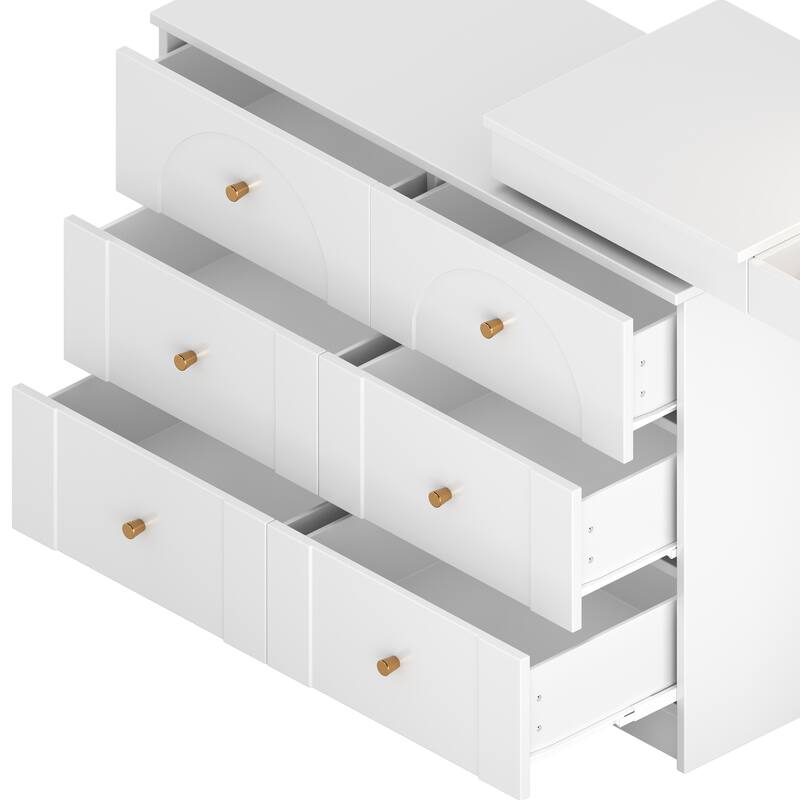 L-shaped Makeup Vanity Dressing Table with Flip-Top Makeup Mirror, Adjustable LED Lights & 7 Drawers