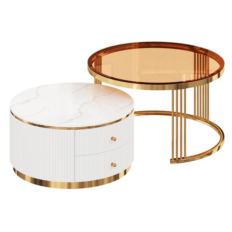 Modern 2 Pieces Round Nesting Coffee Table with Drawers and Brown Tempered Glass Top in 27.6"