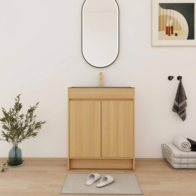 Bathroom Vanity With Stainless Steel Sink In 28 Inch, Floating/Freestanding Bathroom Vanity With 2 Soft Close Doors