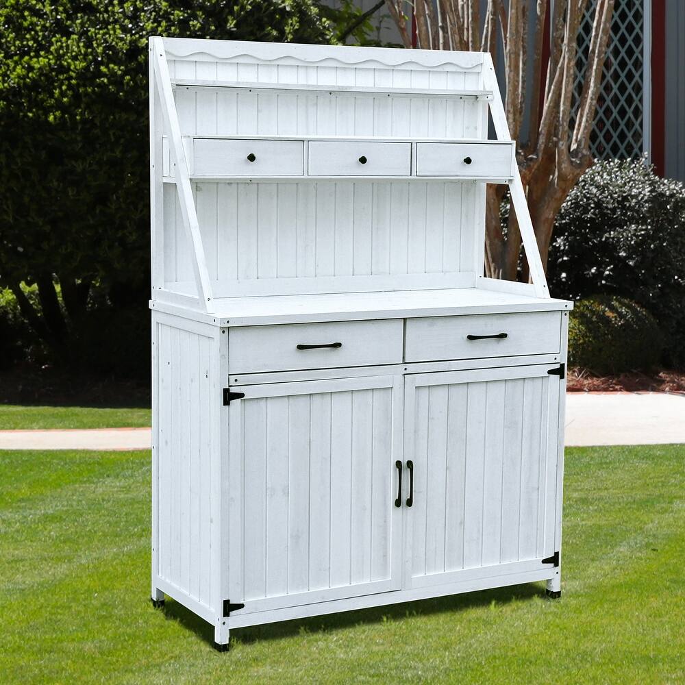 White Farmhouse Outdoor Potting Bench, Solid Fir Wood Gardening Table with Adjustable Shelves & Built-In Drawers