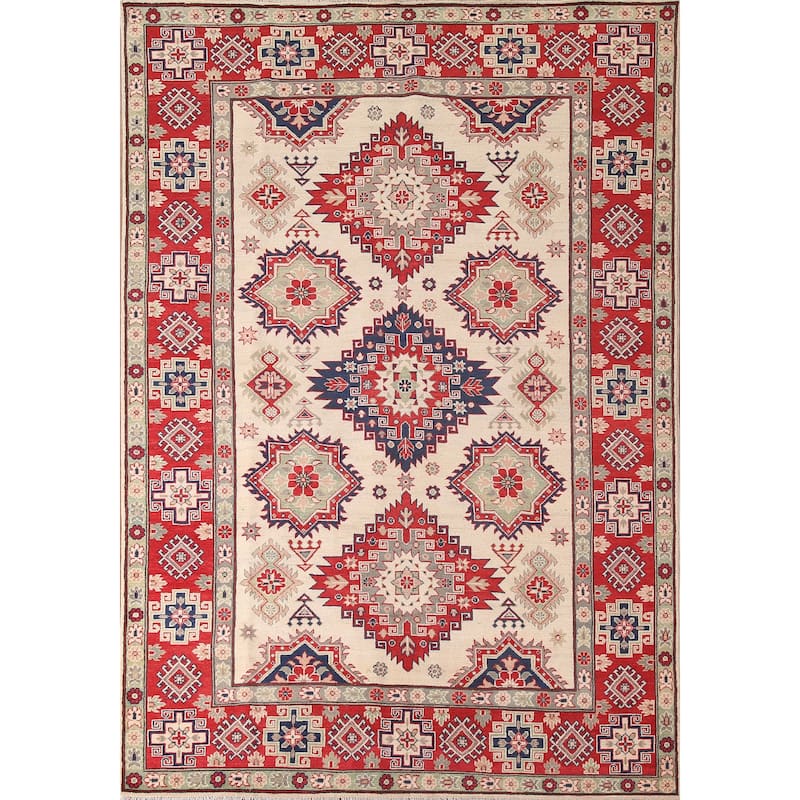 Geometric Kazak Area Rug Hand-Knotted Living Room Wool Carpet - 6'11" x 9'9"