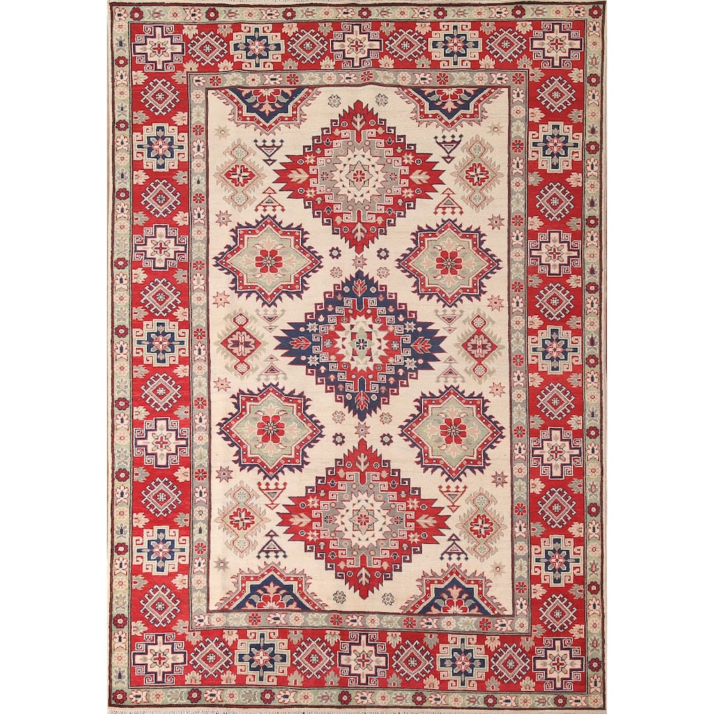 Geometric Kazak Area Rug Hand-Knotted Living Room Wool Carpet - 6'11" x 9'9"