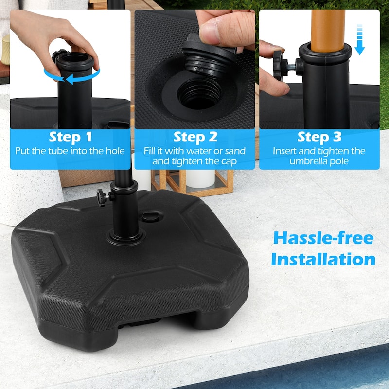 Black Adjustable Outdoor Umbrella Base for 6 to 8 Foot Umbrellas Fillable with Sand or Water Up to 88 lbs - 17" x 17" x 10"