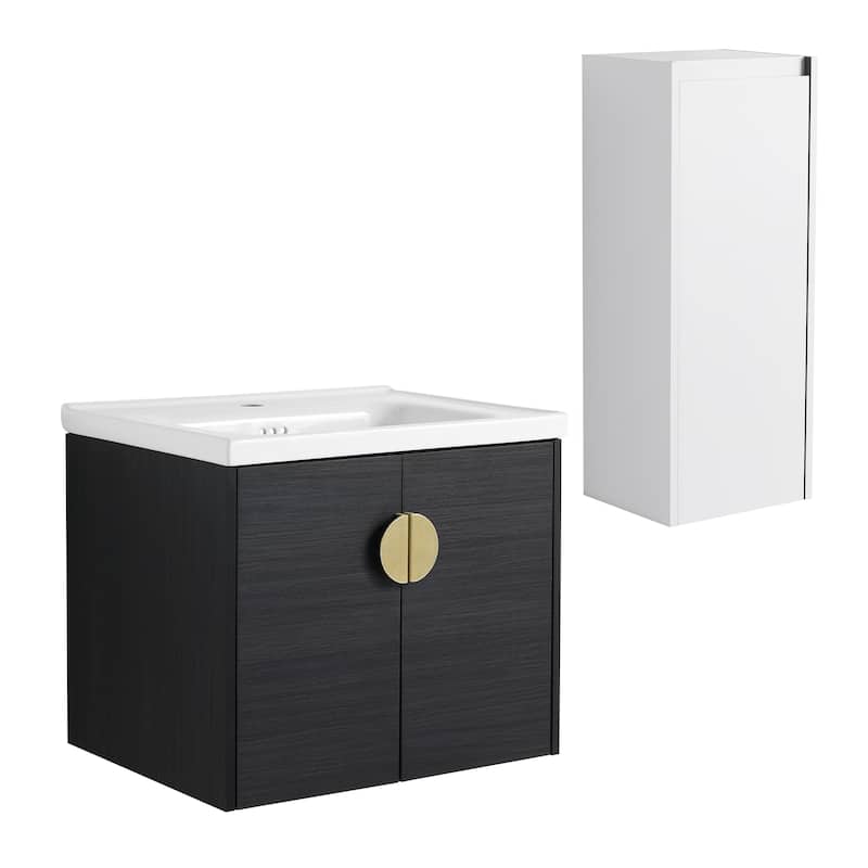 24" Wall-Mounted Bathroom Vanity With Ceramic Sink and Side Cabinet, Soft Close Doors, Combination Cabinet