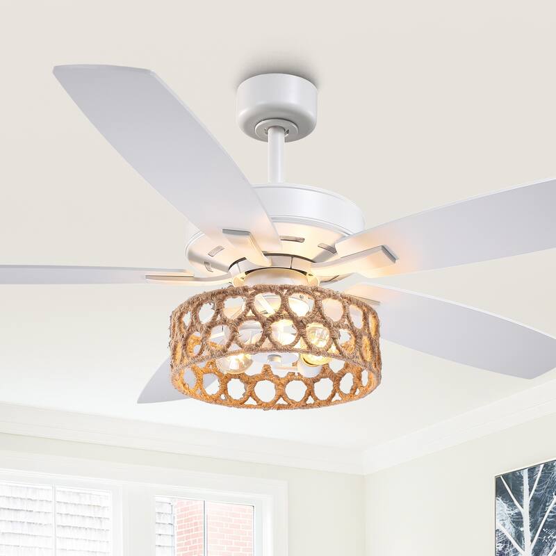 52" Farmhouse White Natural Jute Bedroom Ceiling Fan Chandelier with Remote