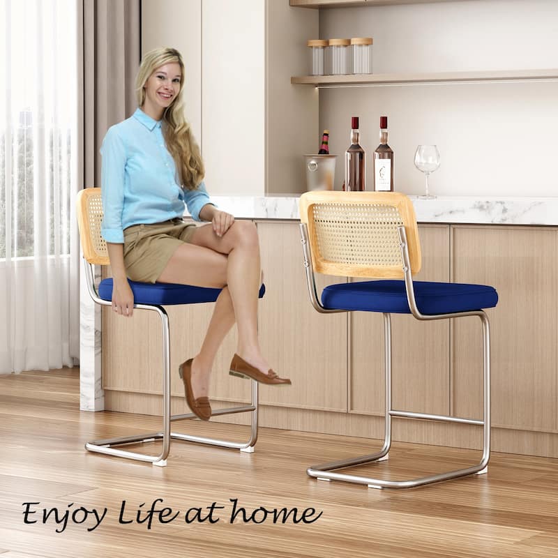 Counter Height Bar Stools Set of 2, Upholstered Velvet Barstools with Rattan Back, 24 inch Stools Armless Bar Chairs