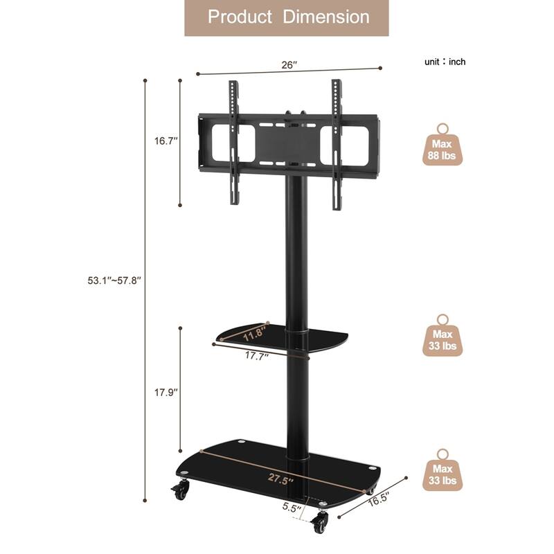 Height and Angle Adjustable Multi-Function Tempered Glass Metal Frame Floor With Lockable Wheels Mobile TV Stand, LCD/Plasma TV