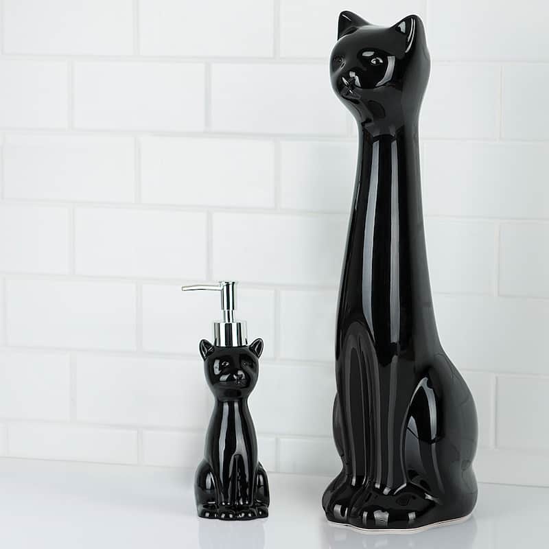 Cat Bowl Brush Holder/Lotion Pump Set Black - 2 Piece Set
