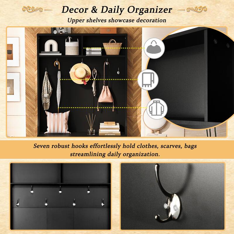 Breathable Hall Tree Cabinet Coat Rack with Adjustable Shelves & Bench Seat, Shoe Storage Cabinet with Wire Mesh Door