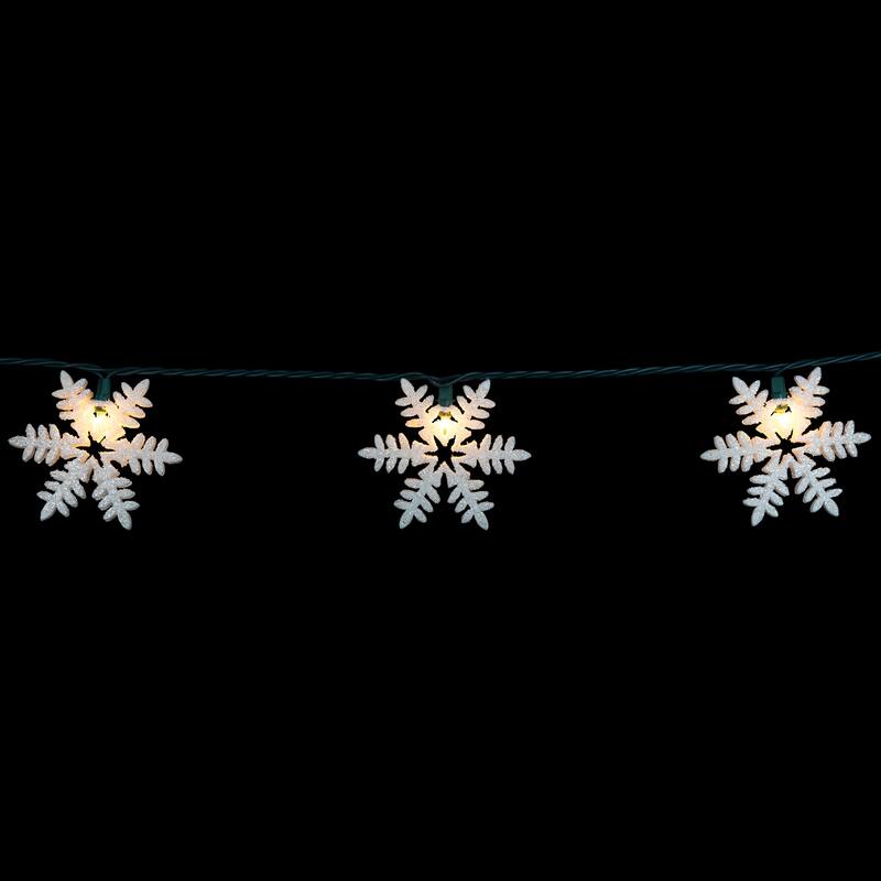 10-Count White Glittered Snowflake Christmas Light Set, 6ft Green Wire