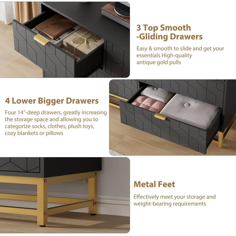 53.5" Wide 7-Drawer Dresser with Gold Metal Handles & Legs, Modern Storage Organizer for Bedroom or Hallway