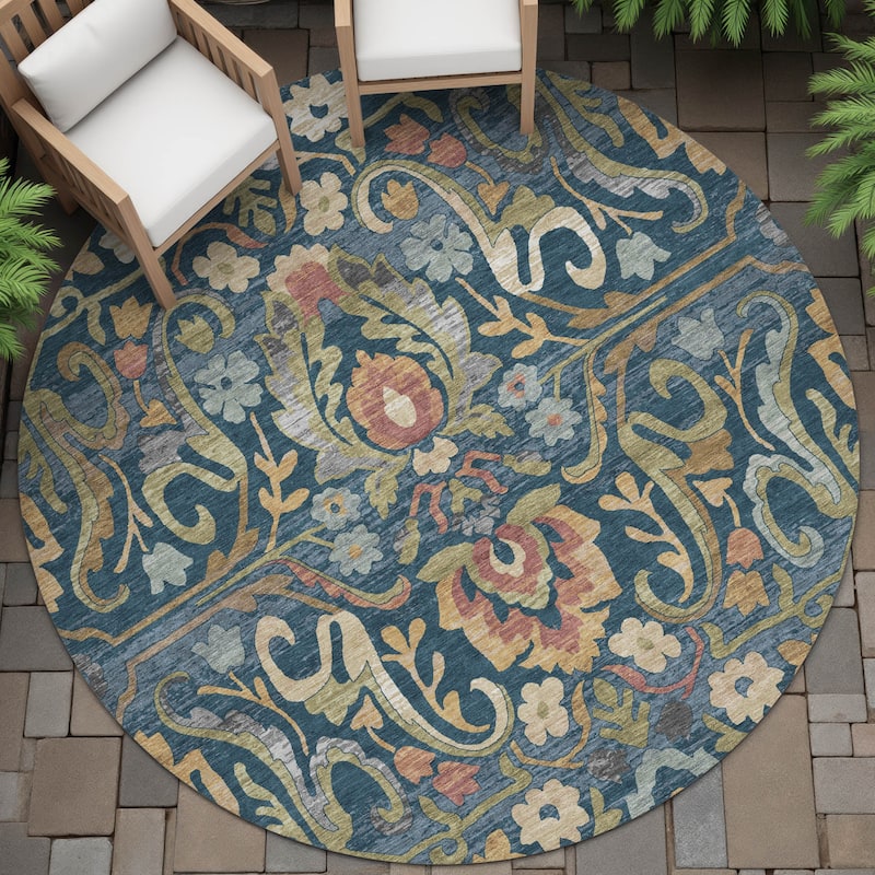 Machine Washable Indoor/Outdoor Floral Watercolor Chantille Rug - Navy - 8' x 8'