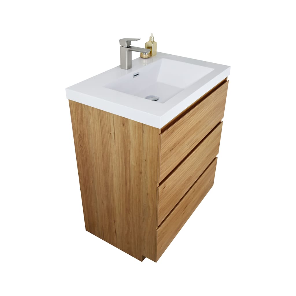 30" Bathroom Vanity with Sink, Modern Freestanding Natural Oak Wood Cabinet, Fully Assembled (Angeles Series)
