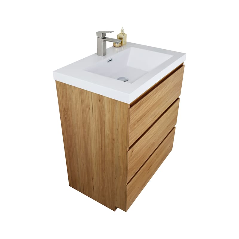 Angeles 30 natural oak finish freestanding bath vanity with single basin reinforced acrylic top