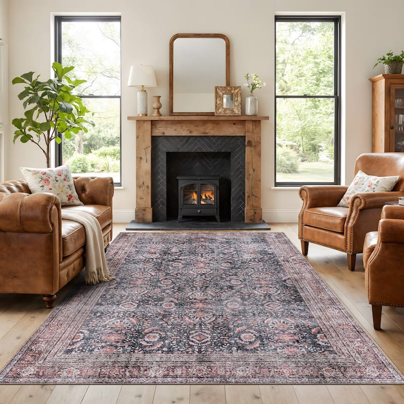 World Rug Gallery Vintage Inspired Machine Washable Non Slip Area Rug - 9' x 12' - Charcoal - Rectangle