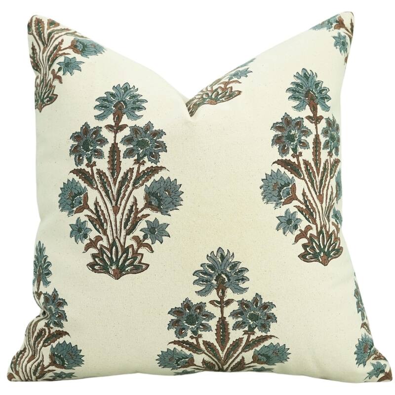 Fabdivine Bohemian Floral Green Pillow Cover Handmade Cotton for Fall Décor Block Print Chair Hotel Bedroom, Pink City - Morpankh- Grey, Brown - 14" x 14"