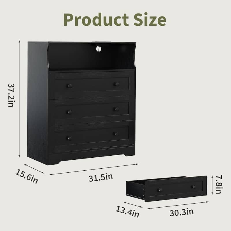 3 Drawer Dresser for Bedroom with Charging Station & LED Lights