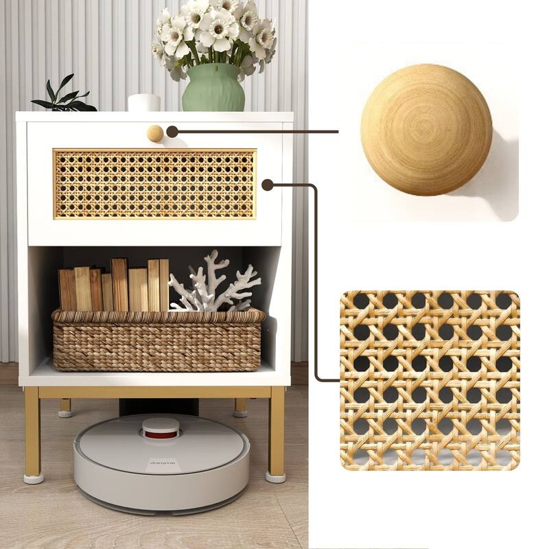 Rattan End Table/ Nightstand with Drawer, Farmhouse Boho Bed Side Table