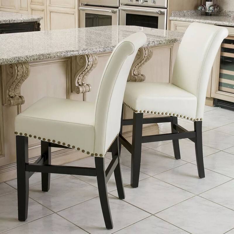 Modern Set of 2 Leather Counter Stools with Nail head Decoration and Upholstered for Bedroom and Dining Room - Ivory+Black