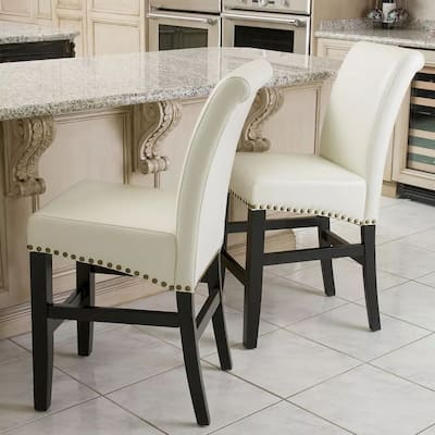 Roomfitters Upholstered Leather Counter Stools, Set of 2 Dining Chairs with Nailhead Trim and Wood Legs, Ivory Black