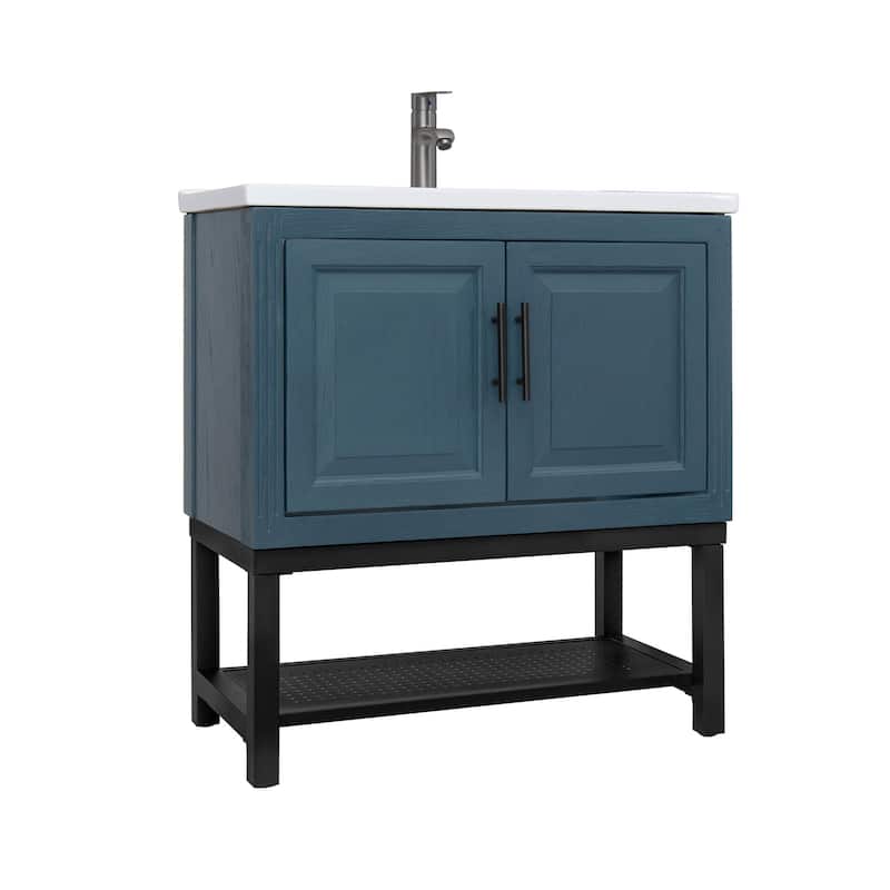 Roomfitters 32" Bathroom Vanity with Ceramic Sink, Freestanding Bathroom Cabinet with Storage & Open Shelf