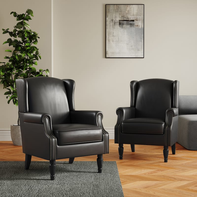 Set of 2 Patterned Upholstered Accent Chair for Living Room - Black-Leather