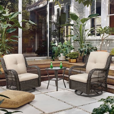 3-Piece Outdoor Brown Wicker Swivel Rocking Chairs Set
