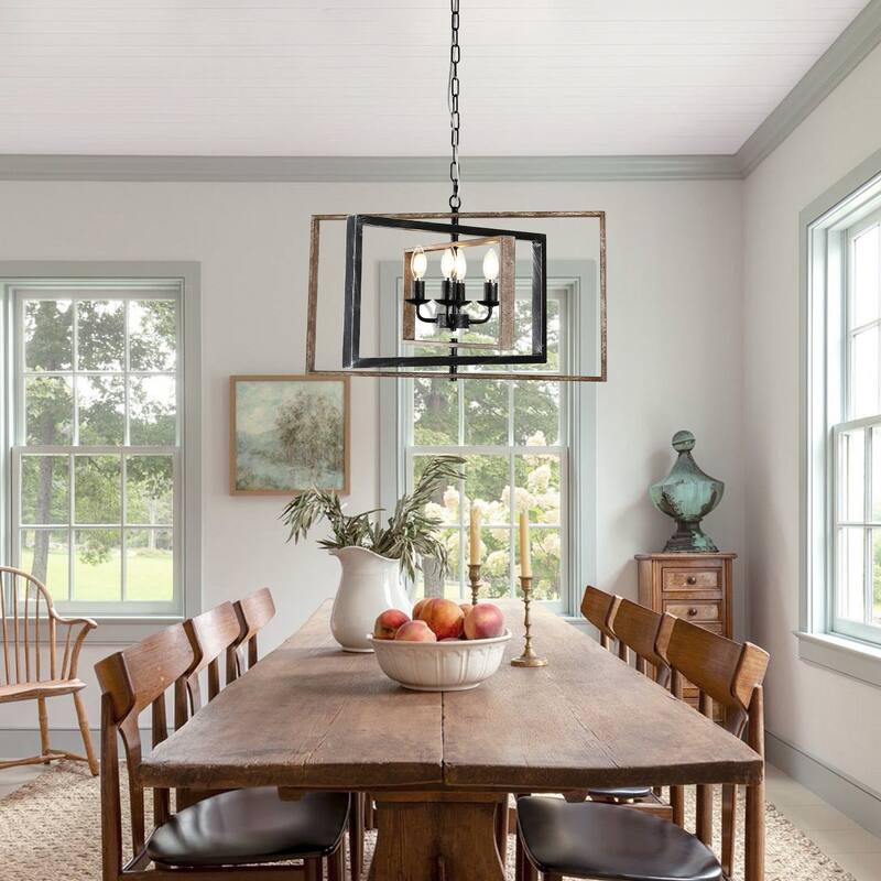 CurveCurio 24" Antique Burshed Matte Black Metal Chandelier with Wood Accents, 4 Lights with 70" Adjustable Hanging Chain
