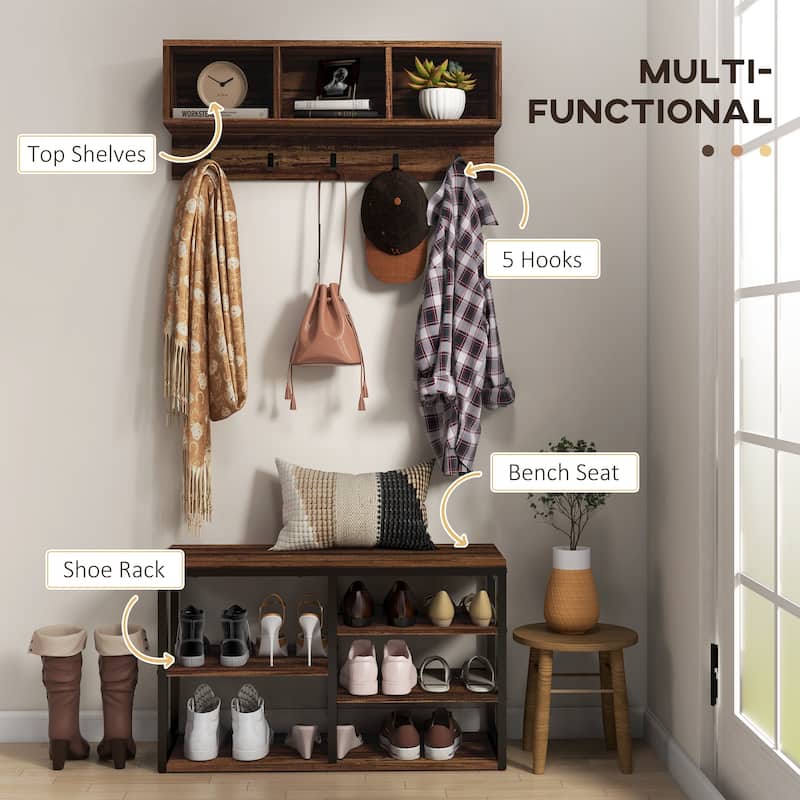 Wall Mounted Entryway Coat Rack, Shoe Bench Mudroom Bench with Storage Compartments, Coat Rack Bench with Hooks