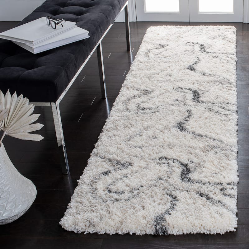 SAFAVIEH Fontana Shag Gisela Modern Abstract 2-inch Thick Rug - 2'3" x 8' Runner - Ivory/Grey - Runner