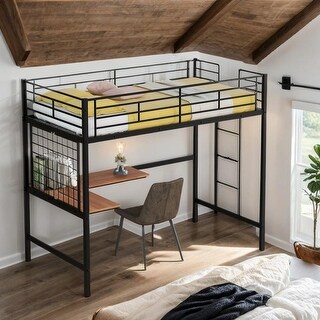Industrial Modern Twin Metal Loft Bed with Desk and Metal Grid, Space-saving, Sturdy Construction & Safety Guaranteed, Black