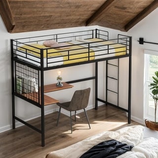 Twin Metal Loft Bed with Desk and Metal Grid, Space-saving, Black
