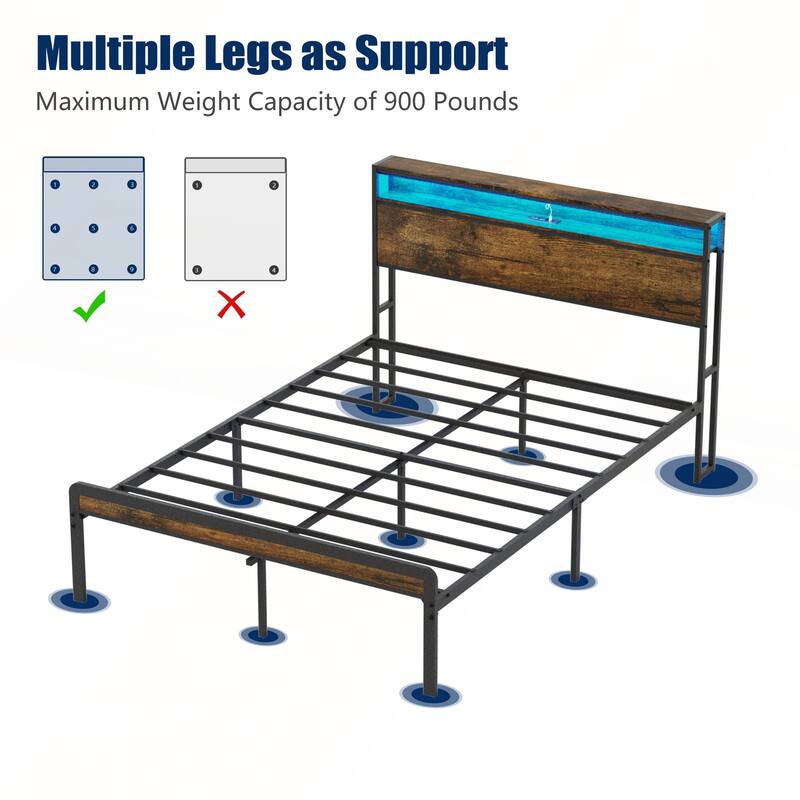 Full Size Metal Bed Frame with Headboard and Footboard and LED Lighting