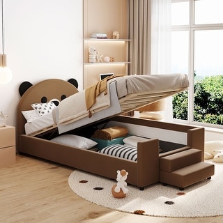 Twin Brown Upholstered Bed Daybed Frame with Bear Shaped Headboard, Hydraulic System & Breathable Mesh Fence for Boys Girls