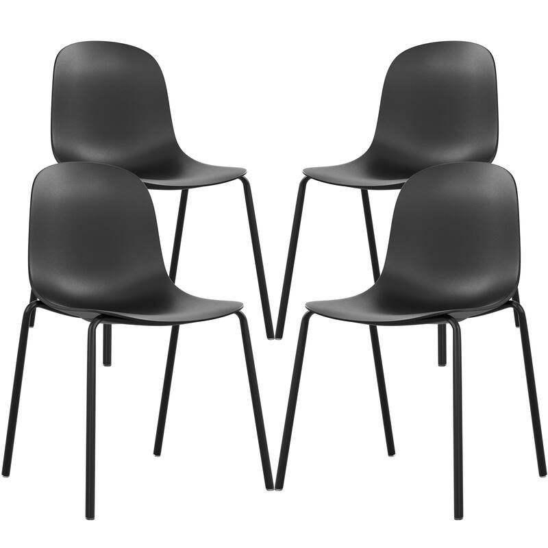 Modern Plastic Stackable Dining Chair Set of 4 with Metal Legs for Indoor or Outdoor - Black