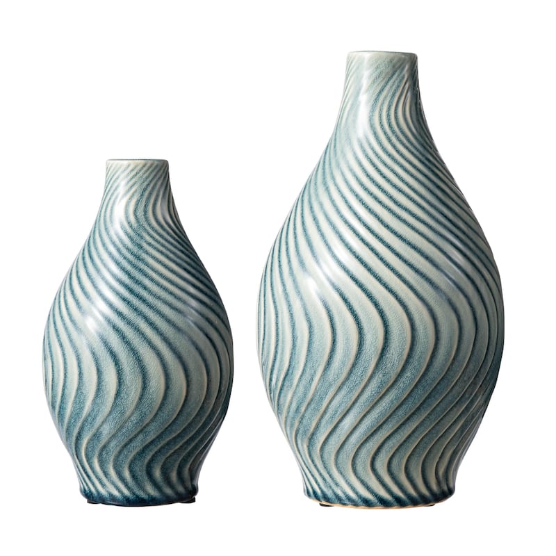 Glitzhome Modern Spiraling Artistry Turquoise Ceramic Table Vases(Set of 2 )