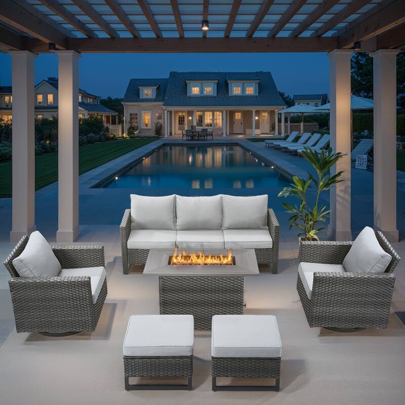 Outdoor Sofa with Swivel Chair Ottomans & Fire Pit Table - Beige cushion - Grey - Beige - Grey