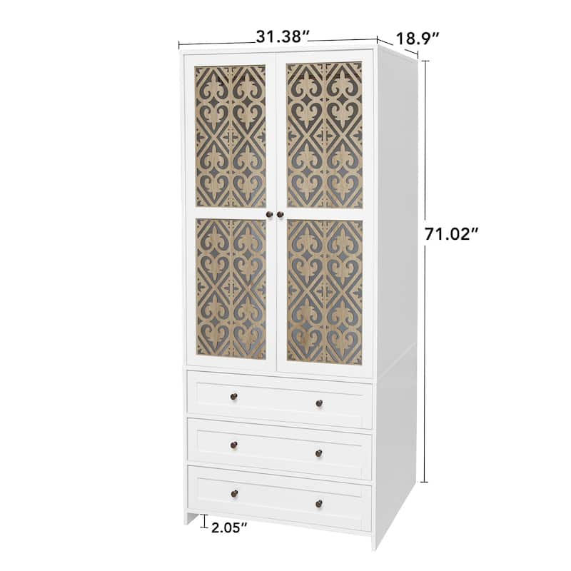 Roomfitters Wardrobe with 2 Doors and 3 Drawers, Hollow Pattern Armoire Closet Storage Cabinet, White