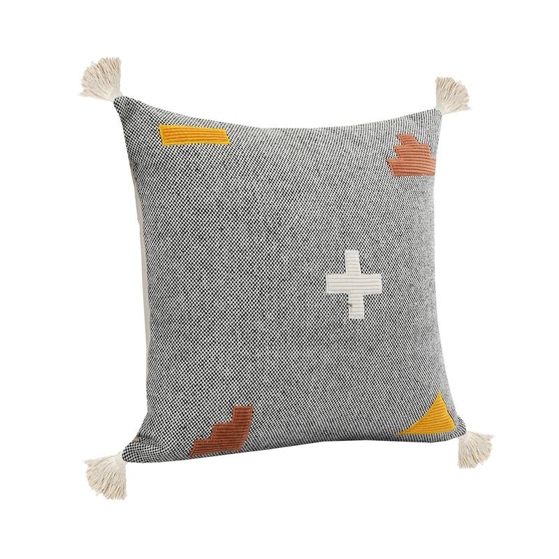 Hand-Stitched Patchwork Cotton Throw Pillow Cover - 20" - Gray and Orange