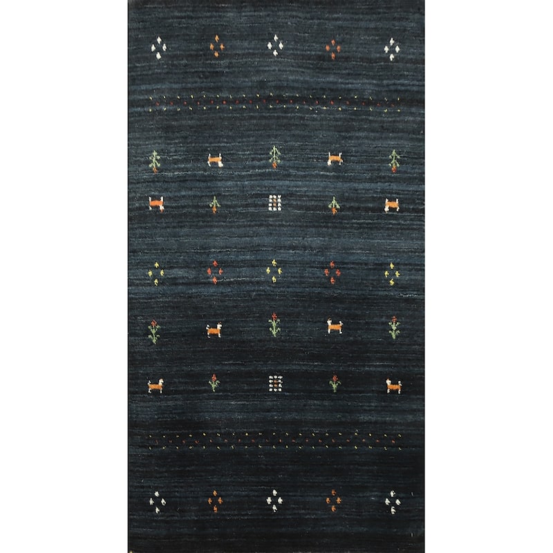 Hand Knotted Oriental 100% Wool Carpet Tribal Animal Pictorial Navy Blue & Blues Gabbeh Area Rug - 4' 10'' X 3' 0''