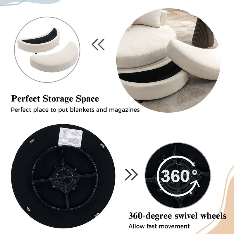 Roomfitters Modern 360° Swivel Barrel Chair with Hidden Storage Ottoman, Chenille Upholstery and Four Pillows