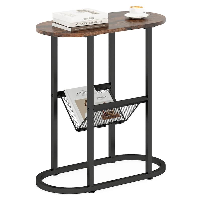 Costway End Table with Faux Marble Tabletop & Magazine Holder - See Details - Rustic Brown + Black