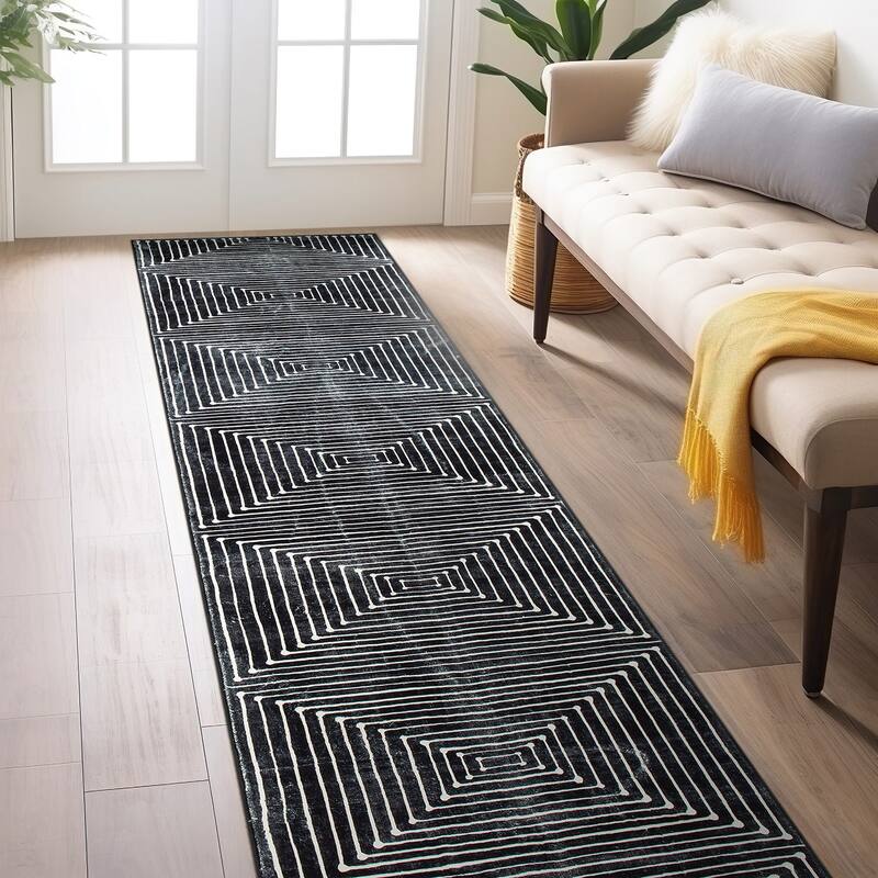 World Rug Gallery Bohemian Stripes Washable Non Slip Area Rug - Black - 2'x8' Runner