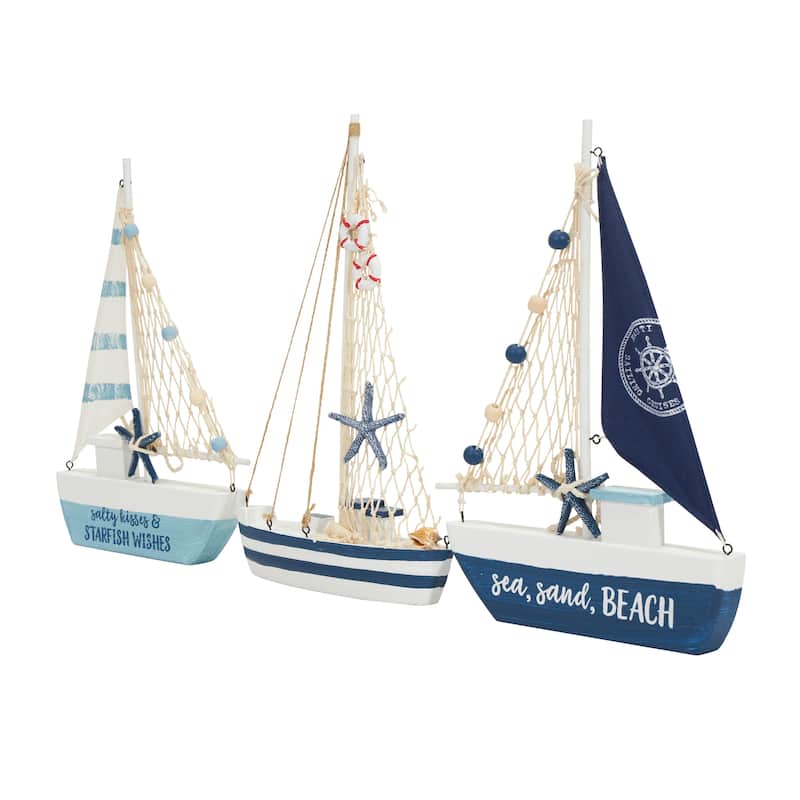 Resin Sail Boat Sculpture with Netting and Starfish Details - Set of 3 Blue - Roche River Decor - 2"W x 9"L x 14"H