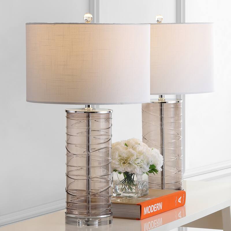 Coco 27.5" Modern Fused Glass Cylinder LED Table Lamp, Turquoise (Set of 2) by JONATHAN Y - Smoky Gray