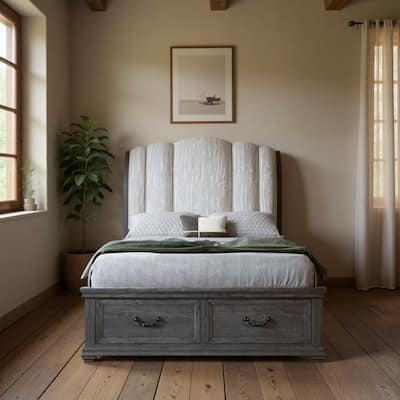 HomeRoots Gray Distressed Wood And Upholstery King Bed Frame With Drawers