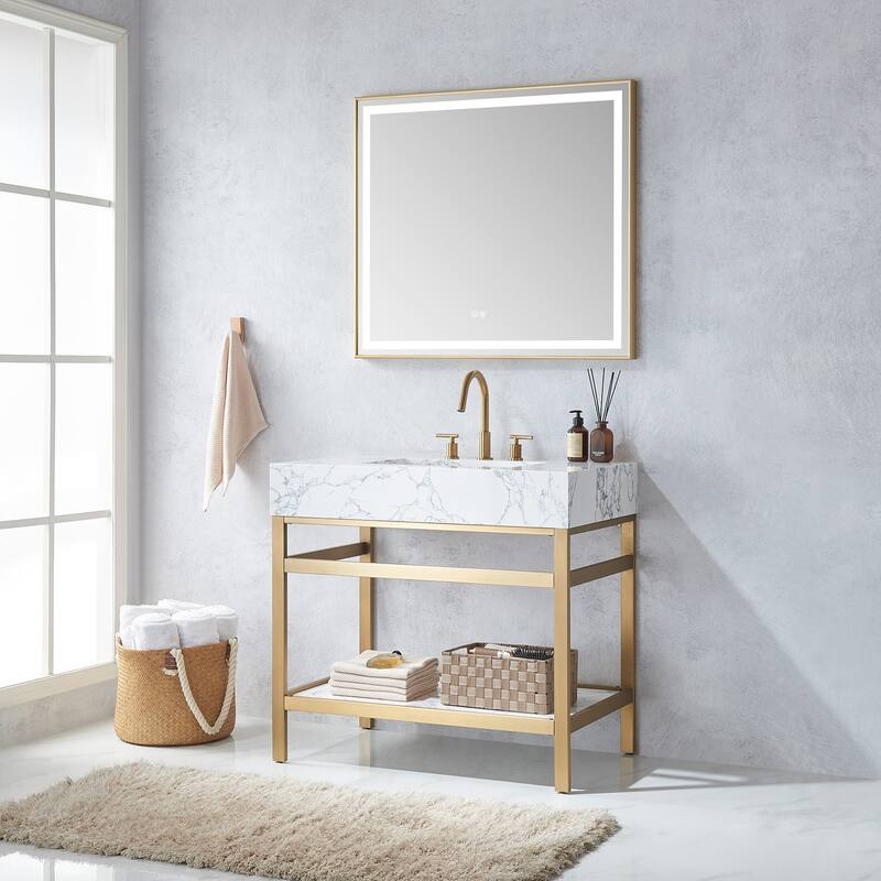 Ecija Bath Vanity, Metal Support with Composite Stone Top and Mirror