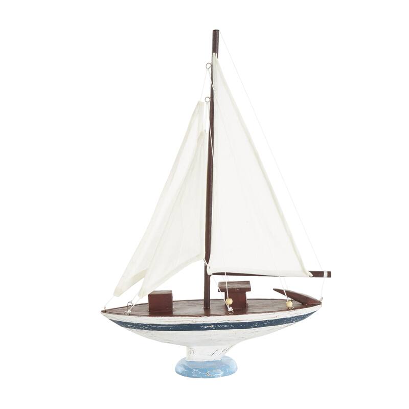 Wood Sail Boat Distressed Decorative Sculpture with Brown Wood and Beaded Accents - White - Roche River Decor