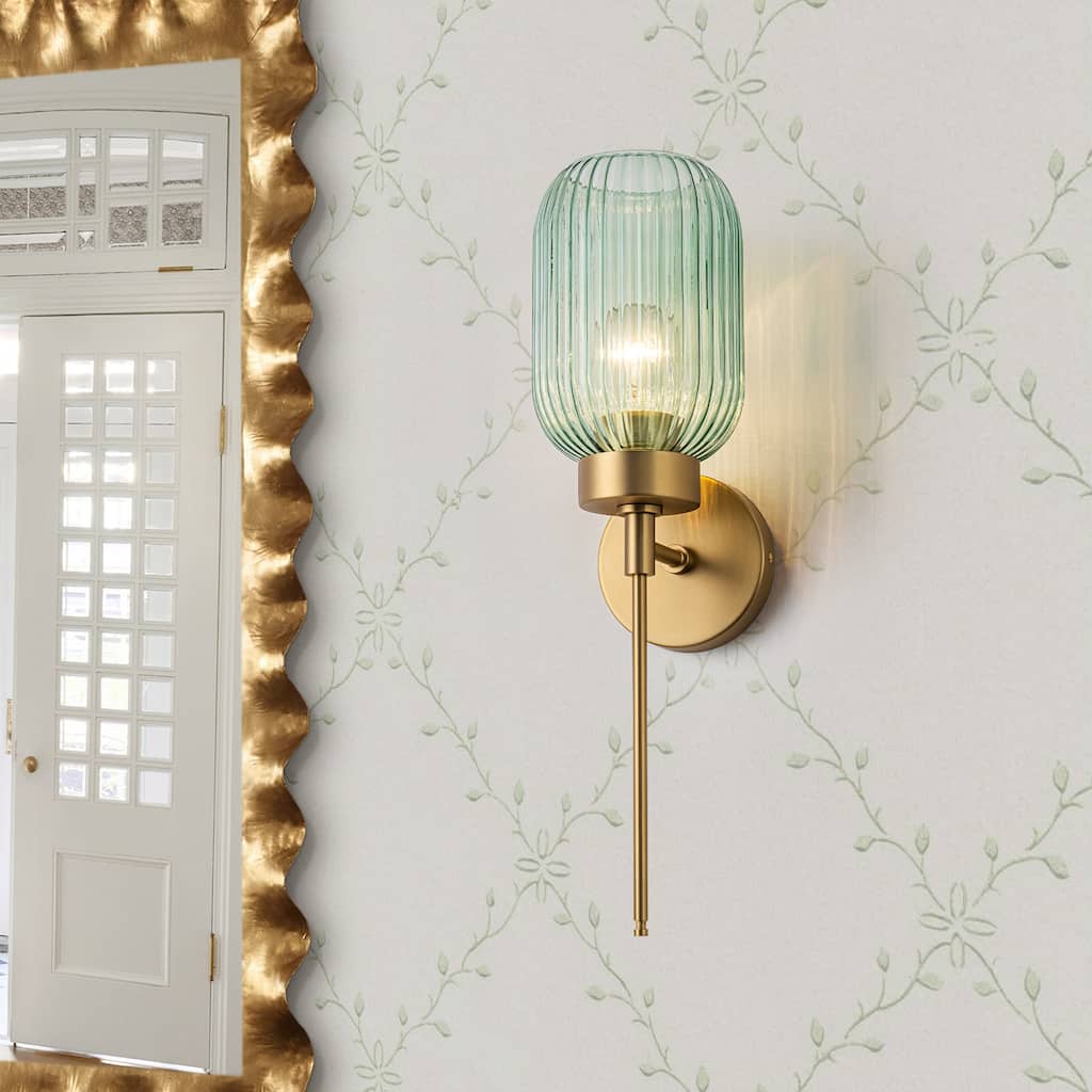 1-Light Brass Wall Sconce with Ribbed Glass Shape