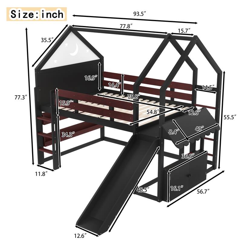 Starry Moon Kids Bed Frame Full Size Bunk Bed House Loft Bed with Built-in Bookshelves, Ladders and Reversible Slide for Playful